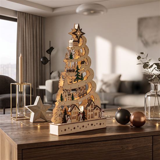 Solight LED wooden Christmas tree with decorations, 17x LED, white, 45cm, 2x AA