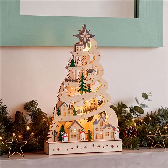 Solight LED wooden Christmas tree with decorations, 17x LED, white, 45cm, 2x AA