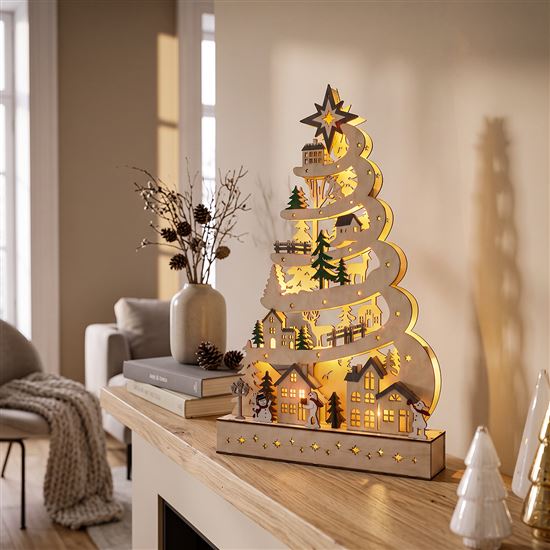 Solight LED wooden Christmas tree with decorations, 17x LED, white, 45cm, 2x AA