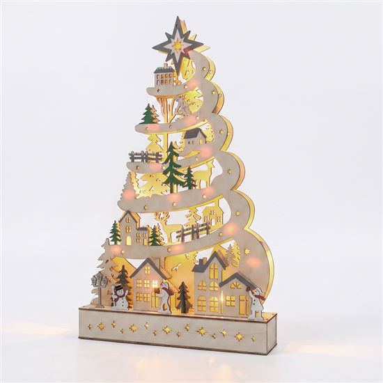 Solight LED wooden Christmas tree with decorations, 17x LED, white, 45cm, 2x AA