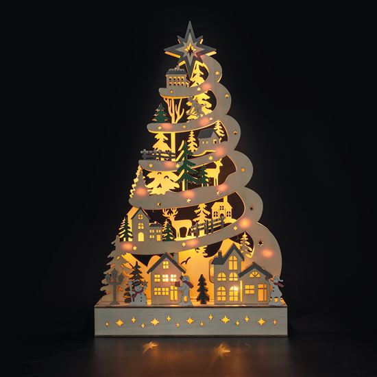 Solight LED wooden Christmas tree with decorations, 17x LED, white, 45cm, 2x AA