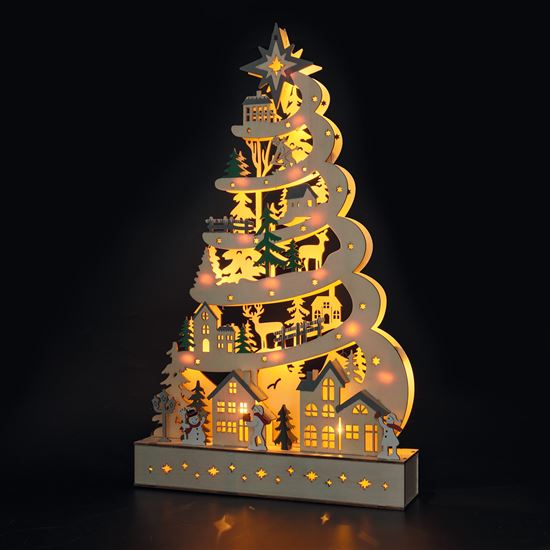 Solight LED wooden Christmas tree with decorations, 17x LED, white, 45cm, 2x AA