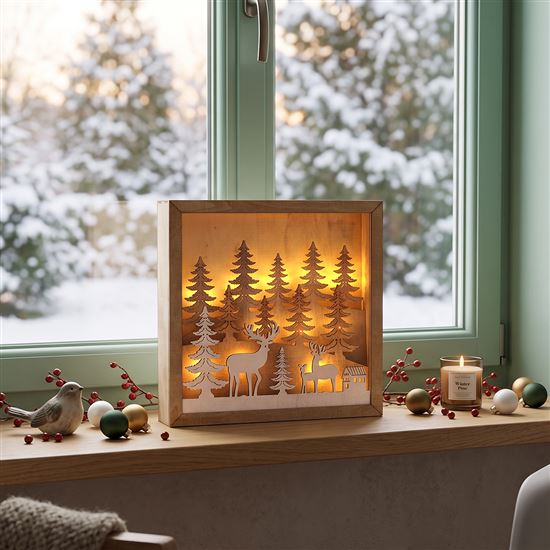 Solight LED 3D wooden Christmas decoration in a frame, 12x LED, 25cm, 2x AA