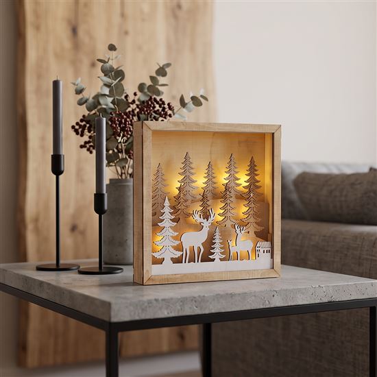 Solight LED 3D wooden Christmas decoration in a frame, 12x LED, 25cm, 2x AA