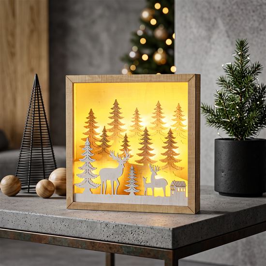 Solight LED 3D wooden Christmas decoration in a frame, 12x LED, 25cm, 2x AA