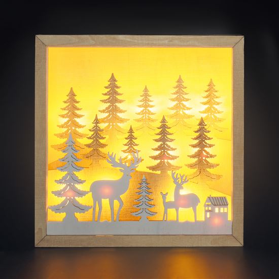Solight LED 3D wooden Christmas decoration in a frame, 12x LED, 25cm, 2x AA