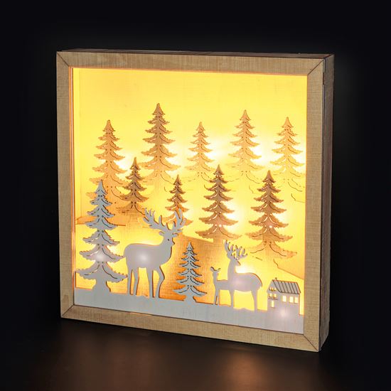 Solight LED 3D wooden Christmas decoration in a frame, 12x LED, 25cm, 2x AA