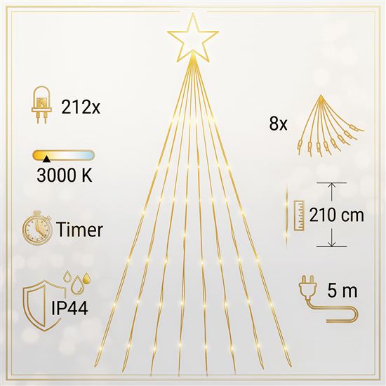 Solight LED chain with star for Christmas tree, height 2.1m, 212 LEDs, IP44