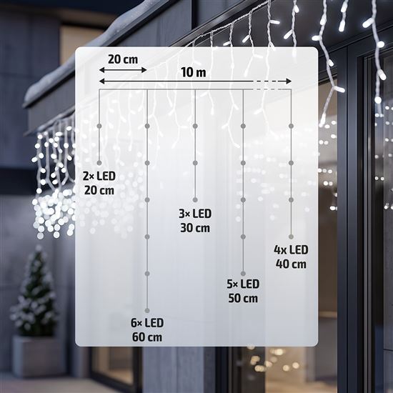 Solight LED Christmas garland, icicles, 200 LED, 10m, IP44, cold white light