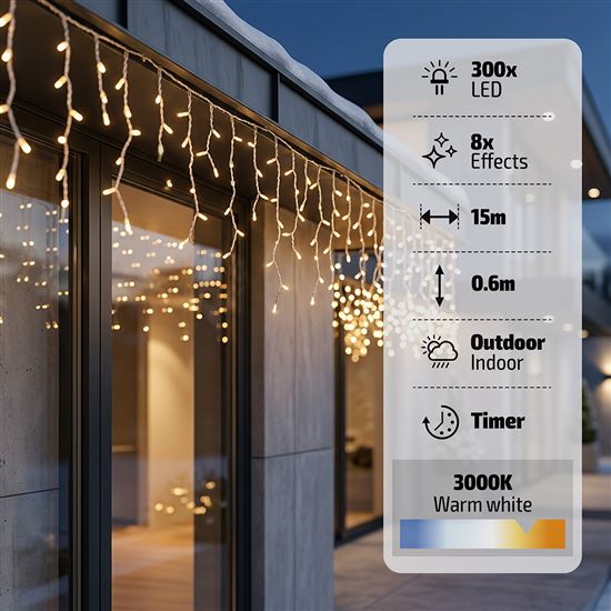 Solight LED Christmas garland, icicles, 300 LED, 15m, IP44, warm white light