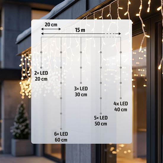 Solight LED Christmas garland, icicles, 300 LED, 15m, IP44, warm white light