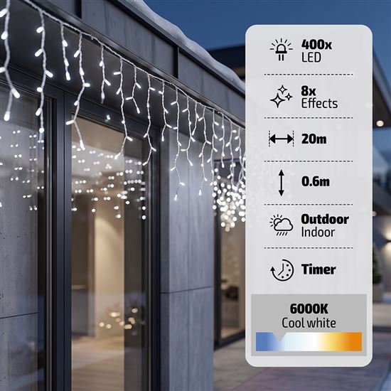 Solight LED Christmas garland, icicles, 400 LED, 20m, IP44, cold white light