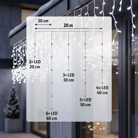 Solight LED Christmas garland, icicles, 400 LED, 20m, IP44, cold white light
