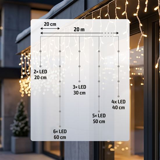 Solight LED Christmas garland, icicles, 400 LED, 20m, IP44, warm white light