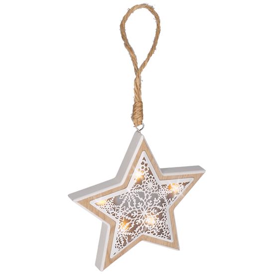 Solight LED vánoční hvězda, dřevěný dekor, 6LED, teplá bílá, 2x AAA