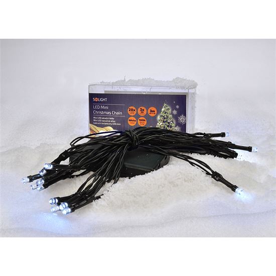 Solight LED vánoční řetěz, 3m, 20xLED, 3x AA, bílé světlo, zelený kabel