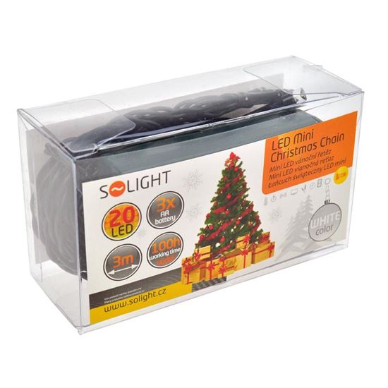 Solight LED vánoční řetěz, 3m, 20xLED, 3x AA, bílé světlo, zelený kabel