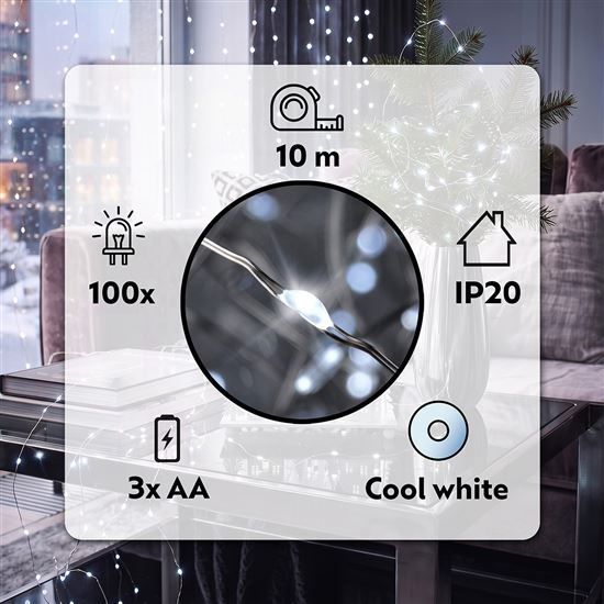 Solight christmas chain, silver, 100x mini LED, 10m, 3 x AA, cold light