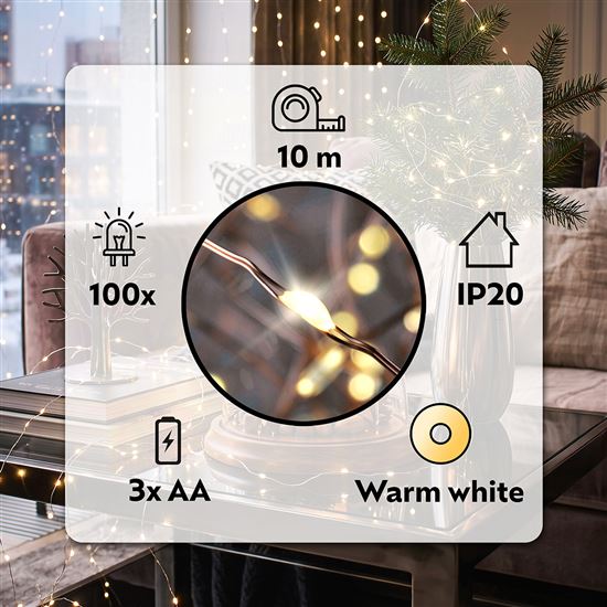 Solight christmas chain, copper, 100x mini LED, 10m, 3 x AA, warm light