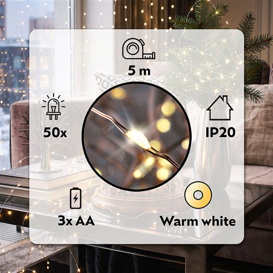 Solight vánoční řetěz měděný, 50x mini LED, 5m, 3 x AA, teplé světlo