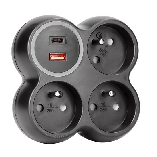 Solight rozbočka, 3x 15A, USB A+C rychlonabíječka 20W PD, matná černá