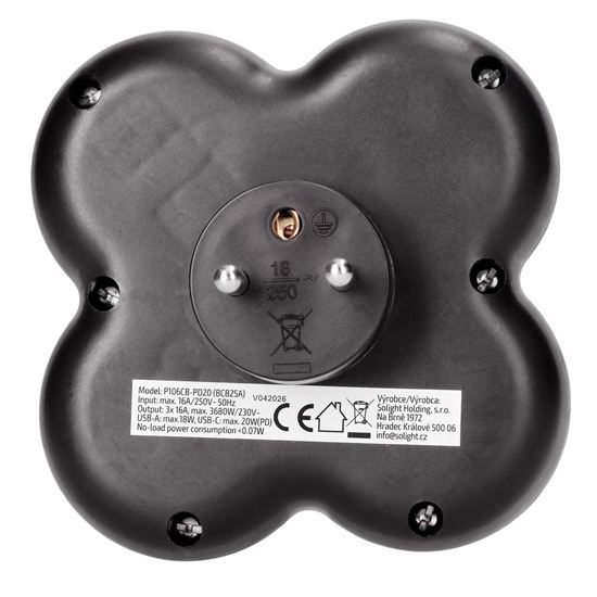 Solight rozbočka, 3x 15A, USB A+C rychlonabíječka 20W PD, matná černá