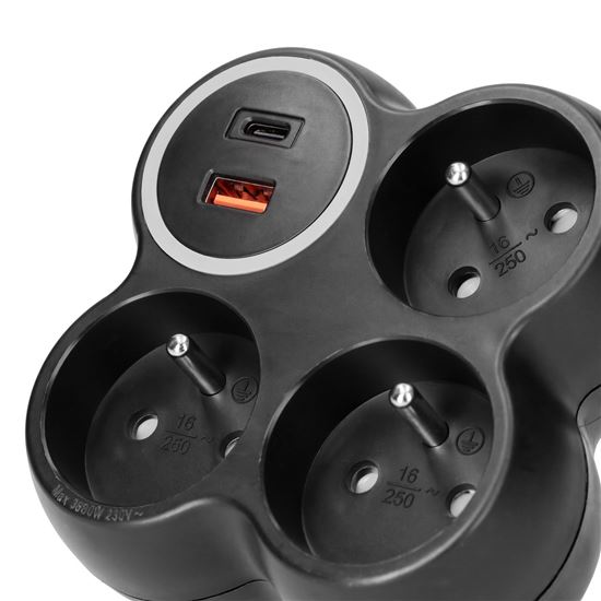 Solight rozbočka, 3x 15A, USB A+C rychlonabíječka 20W PD, matná černá