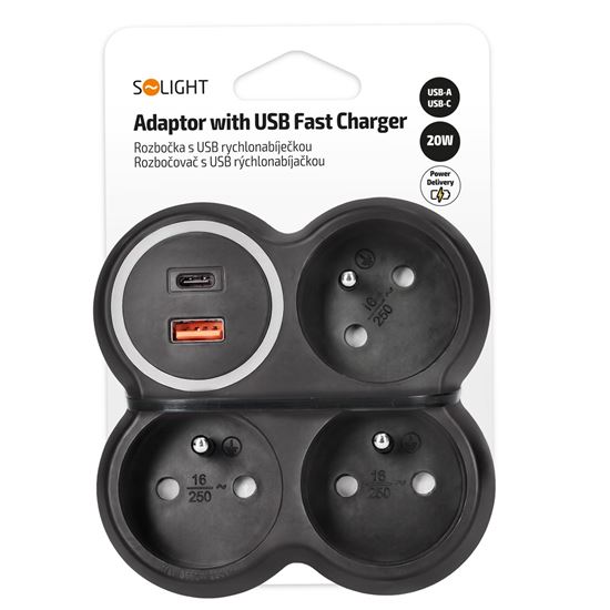 Solight rozbočka, 3x 15A, USB A+C rychlonabíječka 20W PD, matná černá