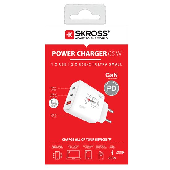 SKROSS USB A+C nabíjecí adaptér Power charger 65W GaN EU, Power Delivery, typ C