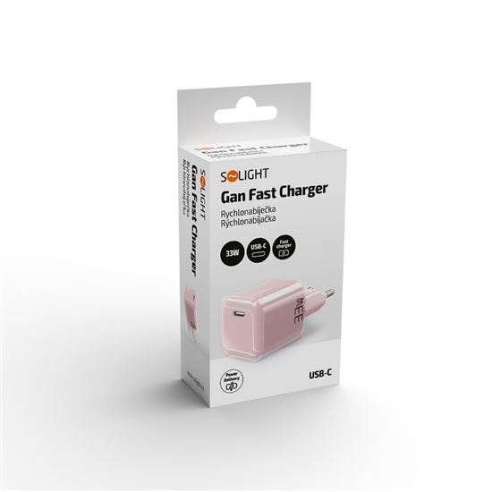 Solight 33W GaN fast charge USB-C adaptér, růžový