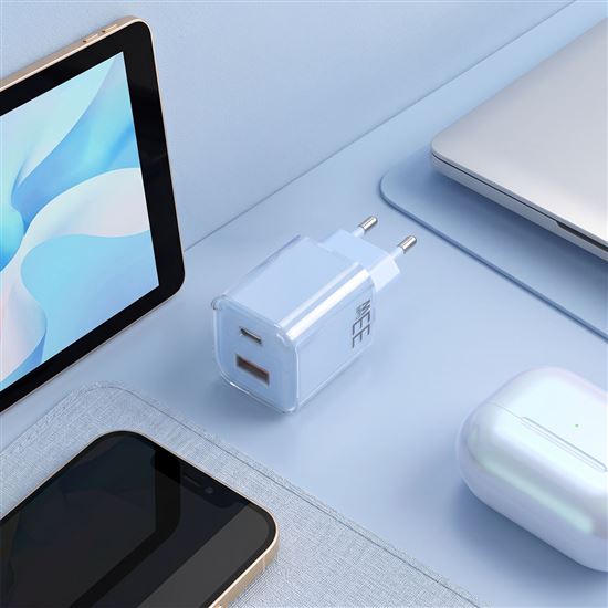 Solight 33W GaN fast charge USB-A + USB-C adaptér, modrý
