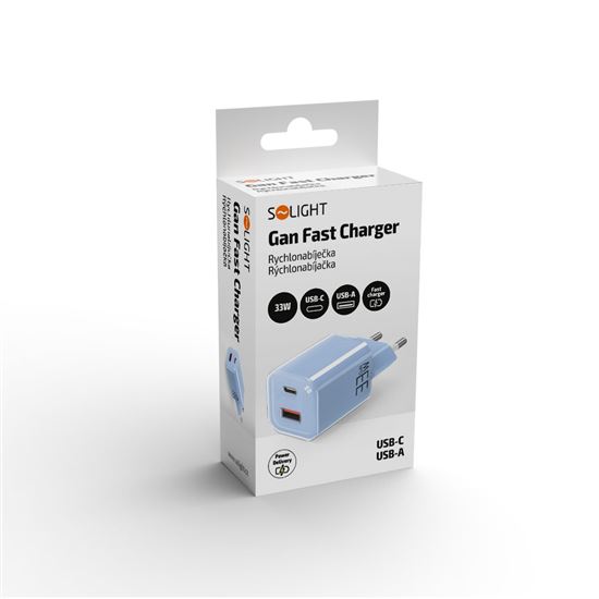 Solight 33W GaN fast charge USB-A + USB-C adaptér, modrý