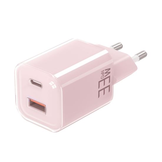 Solight 33W GaN fast charge USB-A + USB-C adaptér, růžový