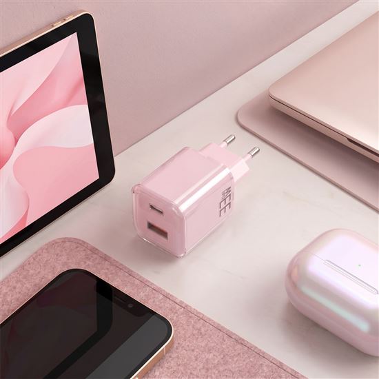 Solight 33W GaN fast charge USB-A + USB-C adaptér, růžový