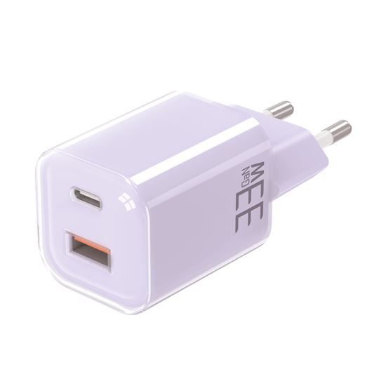 Solight 33W GaN fast charge USB-A + USB-C adaptér, fialový