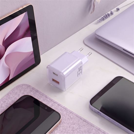 Solight 33W GaN fast charge USB-A + USB-C adaptér, fialový