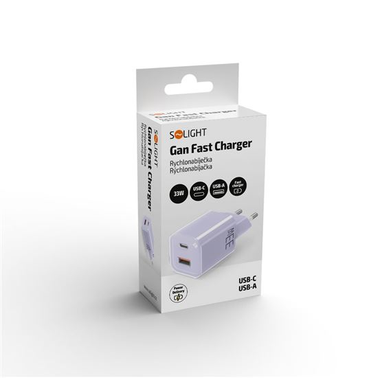 Solight 33W GaN fast charge USB-A + USB-C adaptér, fialový
