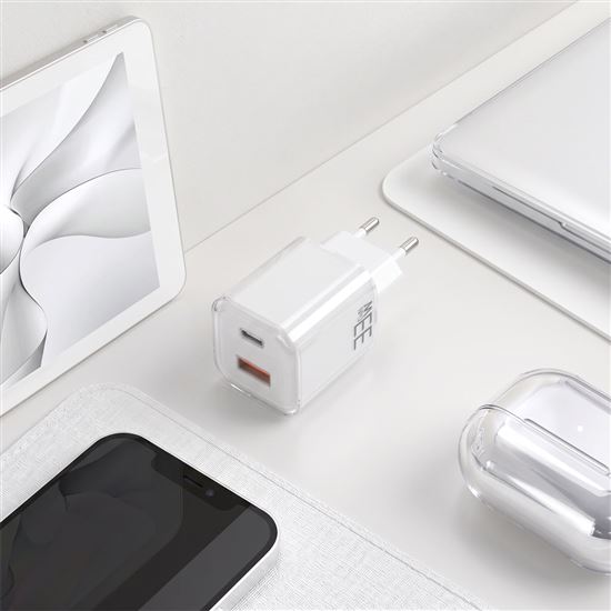 Solight 33W GaN fast charge USB-A + USB-C adaptér, bílý
