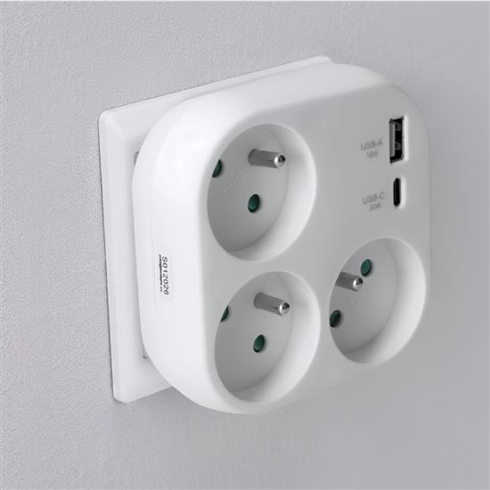 Solight adaptor 3x 16A, USB A+C fast charger 20W PD, white