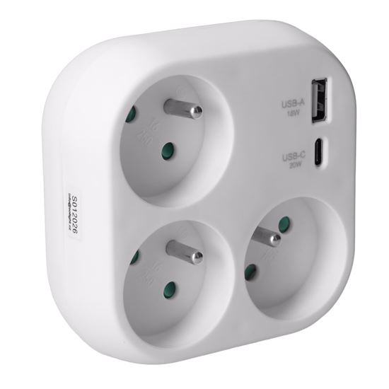 Solight adaptor 3x 16A, USB A+C fast charger 20W PD, white
