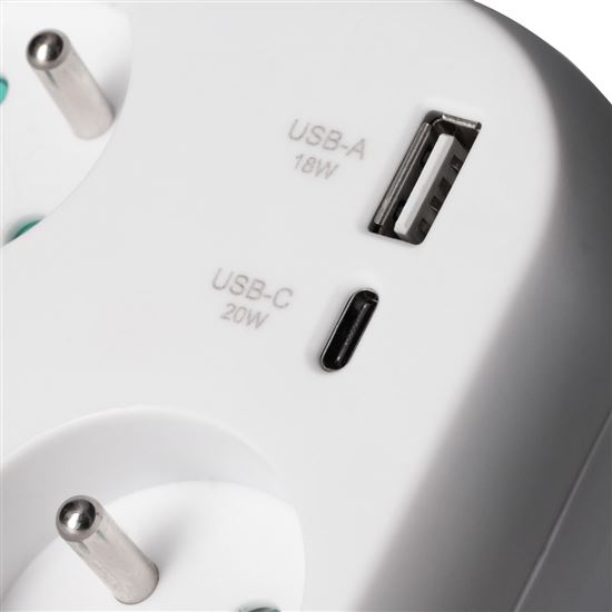 Solight adaptor 3x 16A, USB A+C fast charger 20W PD, white