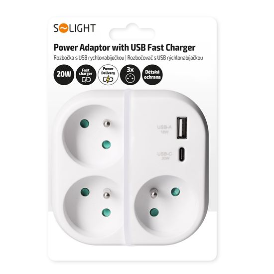 Solight adaptor 3x 16A, USB A+C fast charger 20W PD, white
