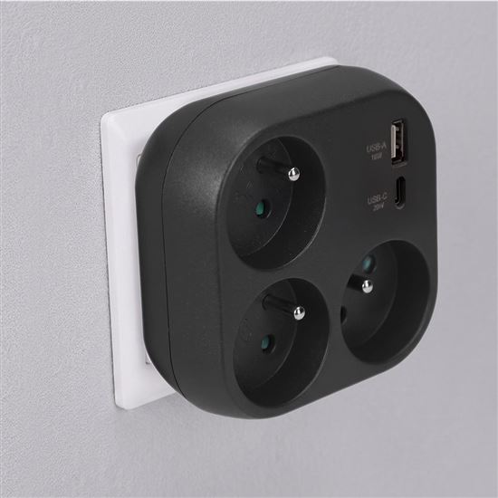 Solight adaptor 3x 16A, USB A+C fast charger 20W PD, black