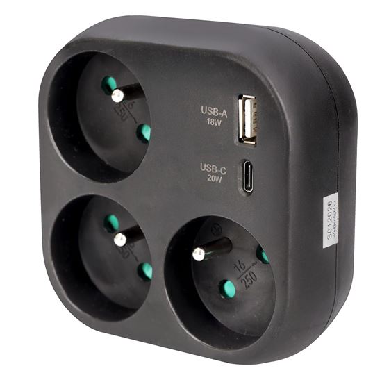 Solight adaptor 3x 16A, USB A+C fast charger 20W PD, black