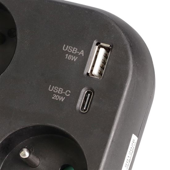 Solight adaptor 3x 16A, USB A+C fast charger 20W PD, black