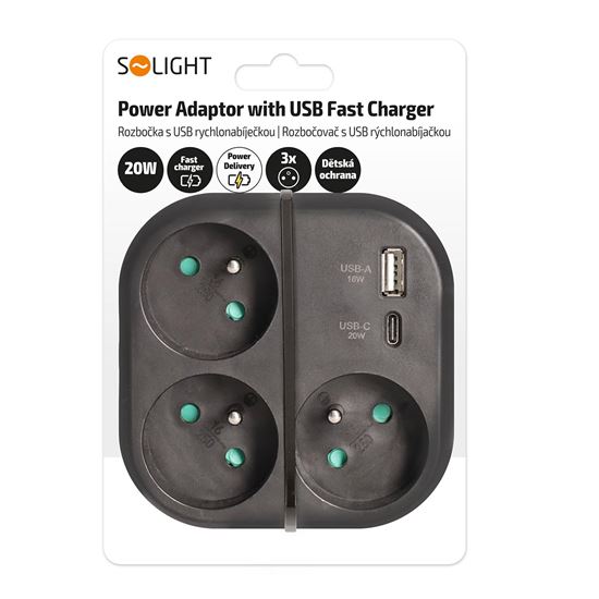 Solight adaptor 3x 16A, USB A+C fast charger 20W PD, black