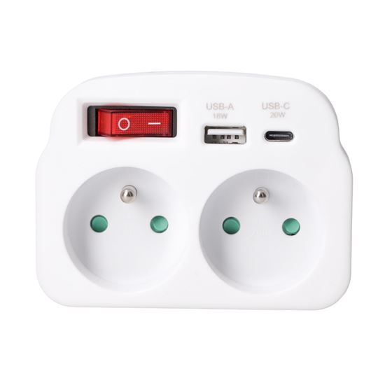 Solight adaptor 2 x 16A, USB A+C fast charger 20W PD, on-off switch, white
