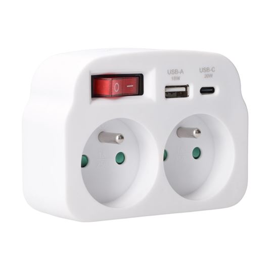 Solight adaptor 2 x 16A, USB A+C fast charger 20W PD, on-off switch, white