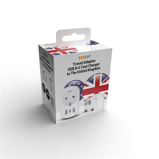 Solight travel adapter with USB A+C 20W PD for The United Kingdom, type G