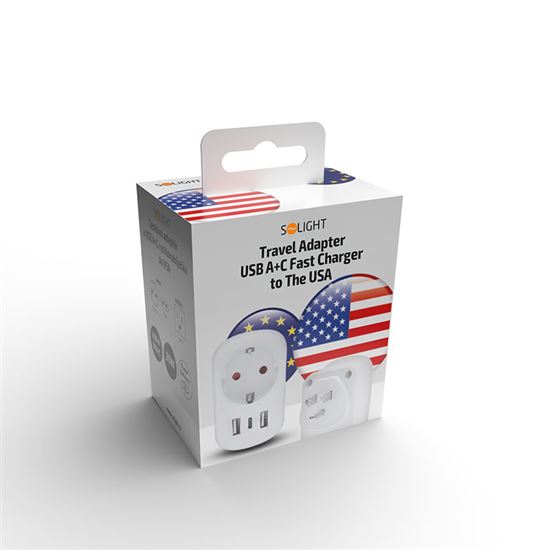Solight travel adapter with USB A+C 20W PD to the United States, type B